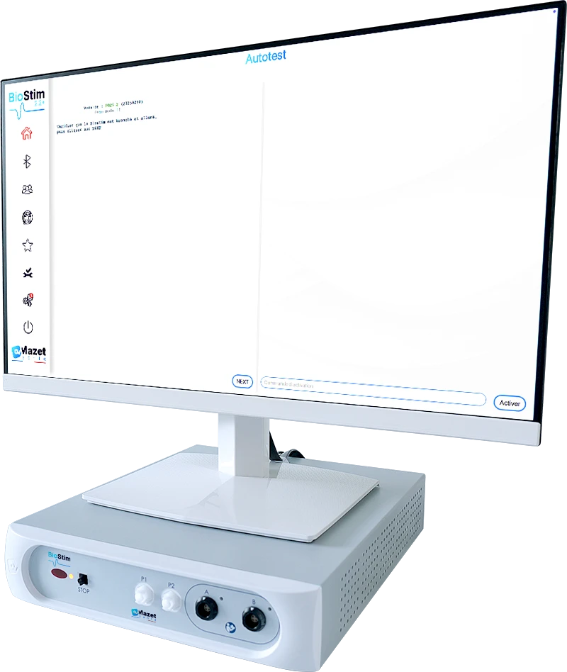 BioStim affichant la fonction autotest sur son écran pour un diagnostic complet de l'appareil
