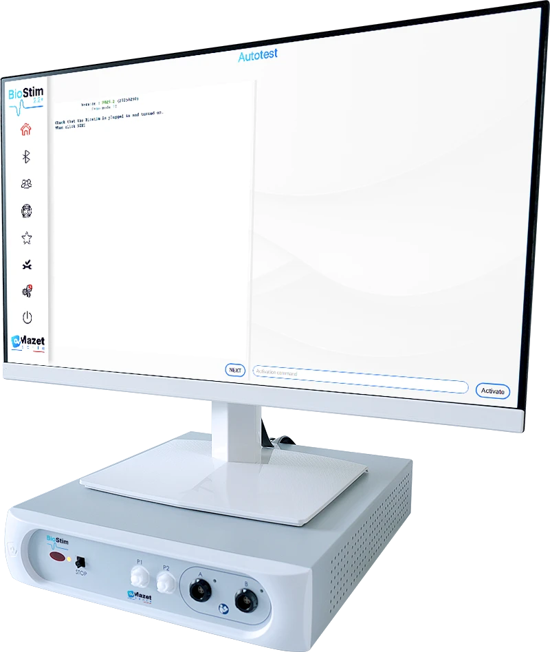 BioStim displaying the self-test function on its screen for a complete device diagnostic