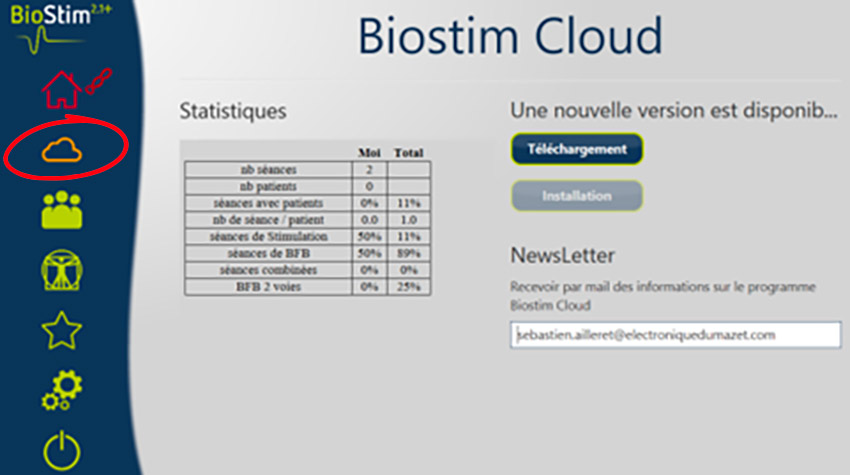 Interface du logiciel BioStim Cloud avec l’icône nuage entourée pour lancer la mise à jour